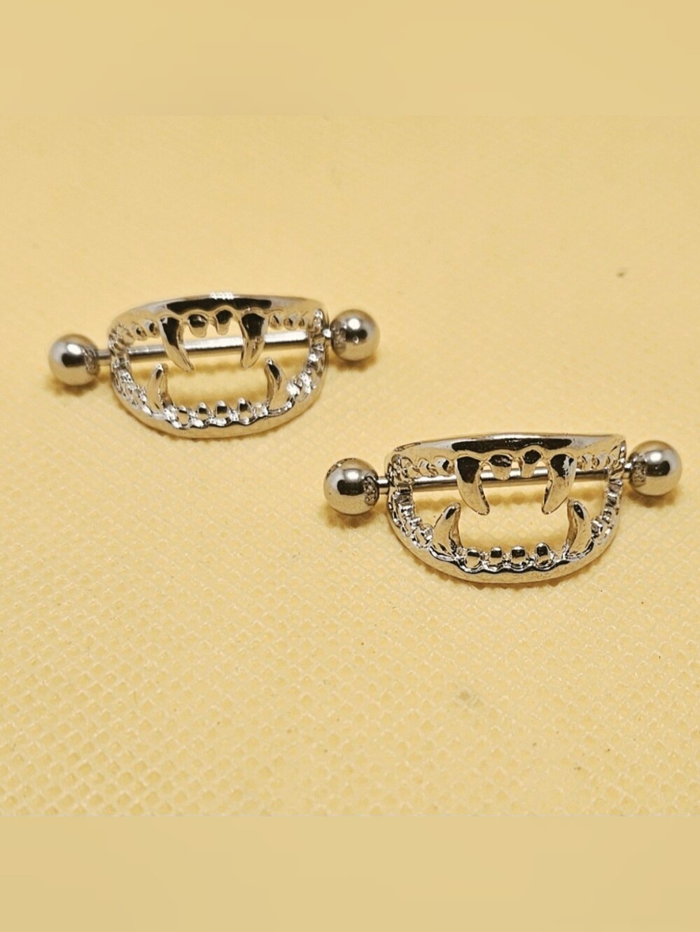 Pair Vampire Fang Nipple Rings 14GA - 1.6MM  Length 5/8" Surgical Steel